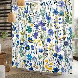 ChloropLastid Watercolor Wildflower Shower Curtain Blue Purple Floral Vintage Botanical Leaves Shower Curtains 72x72 Inch Nature Flower Bathroom Waterproof Fabric Decor Curtains with Hooks