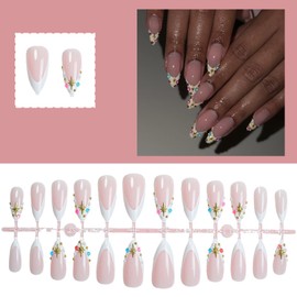 Fake Nails, 24pcs Flash Drill Pearl False Nails with Glue,3D Medium Almond Shape Glossy False Artificial, Long Lasting Manicure Art Decoration Home DIY Comfortable Fit