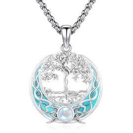 Tree of Life Necklace for Women Men Triple Moon Goddess Pagan Jewelry 925 Sterling Silver Wiccan Witches Celtic Knot Pendant Witchcraft Necklaces Gifts for Birthday Anniversary Turquoise
