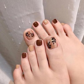 Press on Toenails with Fall Black Leaf Designs, Artificial Brown Fake Nails for Toe, Full Cover Glossy Coffin Acrylic False Nails, Glue on Toenails with Charm, Stick on Toe Nails for Women(JP095)