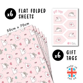CENTRAL 23 Pink Wrapping Paper - Anniversary Wrapping Paper - 6 Sheets Of Gift Wrap For Men Women - Lazy Kawaii Seal Love Flower Heart Pattern - For Valentine's Day - Recyclable