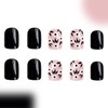Black Press on Nails Short Square Fake Nails Flowers Acrylic