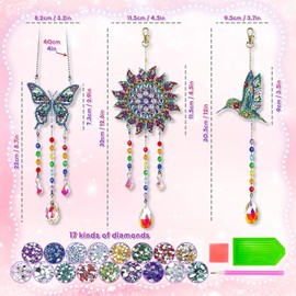 3 Pcs Double Sided Crystal Diamond Paintings Suncatcher, 5D Diamond Art Wind Chimes Hanging Ornaments for Home, Garden, Window Decor – Diamond Art Kits & Crystal Gem Paintings (Sun, Butterfly, Bird)