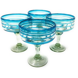 Dos Sueños Mexican Hand Blown Glass – Set of 4 Hand Blown Margarita Glasses (16 oz) with Aqua Spiral Design