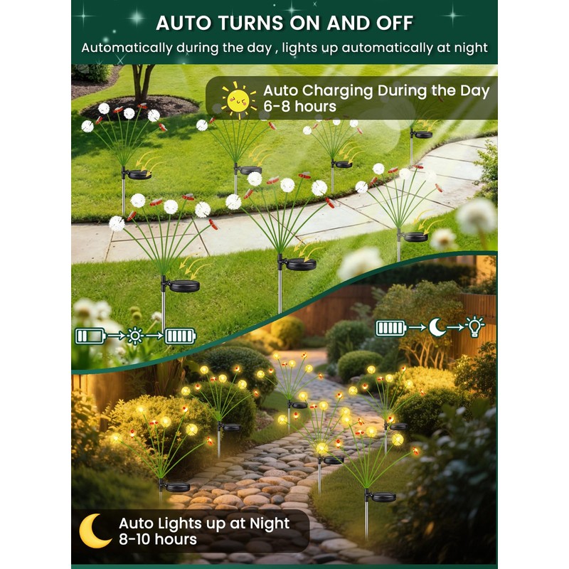 2 Pack Solar Garden Lights Outdoor,16 LED Solar Dandelion Bee
