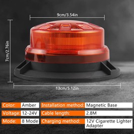 BIHEE Beacon Light 12V/24V Amber Flashing Beacon with 8 Modes 2.8 Meters-Cable Magnetic LED Emergency Warning Strobe Light for Vans, Truck, Vehicle, Tractors, School Buses