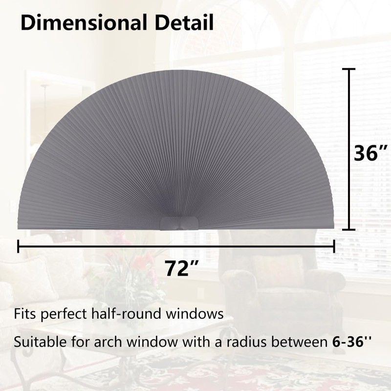 SEEYE Arch Window Blackout Shades, Pleated Fabric Blind (Radius: 36'')