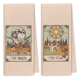 Dibor The Moon The Star Tarot Card Kitchen Towels Dish Towels Dishcloth Set of 2,Mystical Tarot Decorative Absorbent Drying Cloth Hand Towels Tea Towels for Bathroom Kitchen,Tarot Lovers Girls Gifts