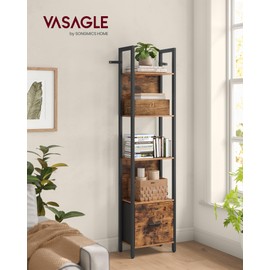 VASAGLE 5-Tier Bookshelf, Book Shelf with Drawer, Industrial Bookcase, with Steel Frame, for Living Room, Home Office, Bedroom, 9.4 x 15.7 x 65 Inches, Rustic Brown and Black ULLS146B01