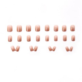 Short Square Press on Nails 24PCS Full Cover Artificial False Nails Glossy Acrylic Fake Nail Kit Pink With Gold Glitter Fake Fingernails Reusable Nude Fale Nails For Women Girls Manicure