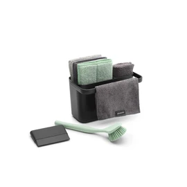 Brabantia SinkSide Cleaning Set of 8 - Dark Grey | Cleaning Caddy with Handle, Microfibre Pads, Cloths, Dish Brush, Squeegee | Complete Sink Tidy Solution | Kitchen Sink Organiser