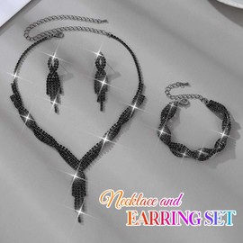 Zoestar Bridal Wedding Jewelry Set Rhinestone Necklace Earrings Baracelet Sets Sparkly Crystal Formal Costume Jewelry Set for Women (Black)