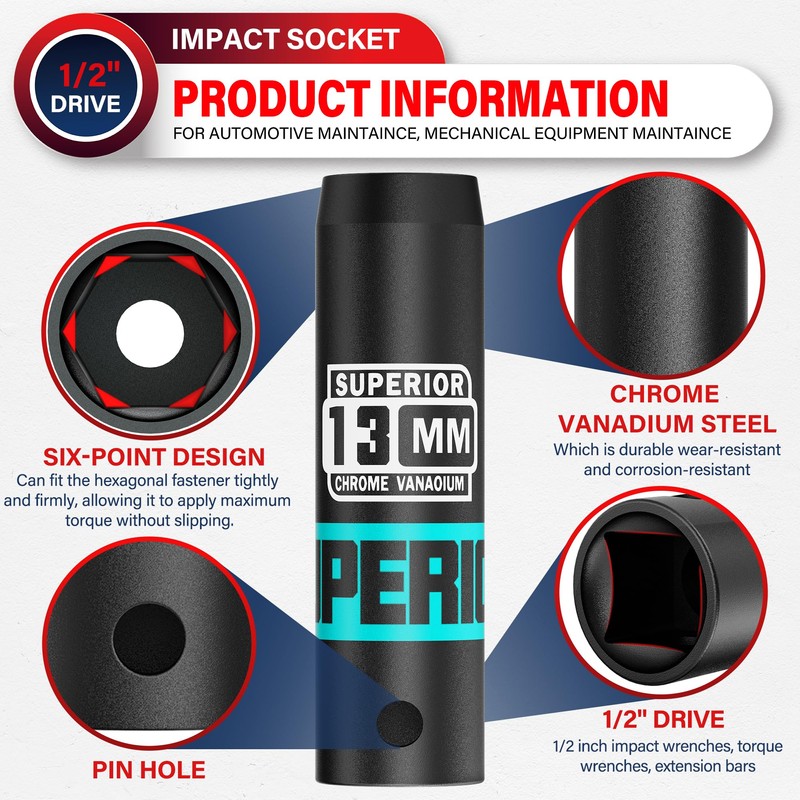 Aiourx 1/2" Drive Impact Socket, 13 mm Deep Socket, Metric,