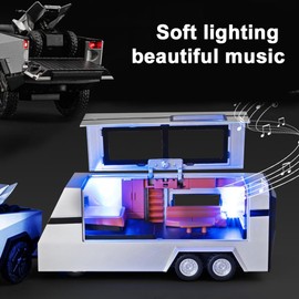 1/32 Pickup Trailer RV Model Kit, Off-Road Pickup Truck Model Toy with Motorcycle, Truck and Trailer Toy with Sound Light Pull Back, Alloy Diecast Vehicles Cars Toys Gifts for Boy Girl Adult