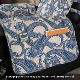 STONECREST Non Slip Recliner Chair Cover - Paisley Printing, Cotton Pre-Washed Recliner Cover, Embroidery Quilt Recliner Slipcover, Stay in Place (Blue, Recliner 25" Regular)