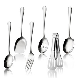 6-Pcs Stainless Steel Kitchen Utensils Set – Heat-Resistant Serving Spoon Set with 3-Wire Clip, Soup Ladle & Kitchen Tools for Cooking & Serving, for Serving Kitchen Cooking Restaurant Banquet