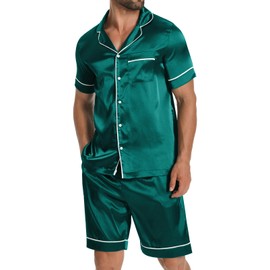 AIYINO Men's Silk Satin Pajamas Sets Short Sleeve Sleepwear Button-Down PJs Sets Two-Pieces Loungewear with Pockets 2XL Green
