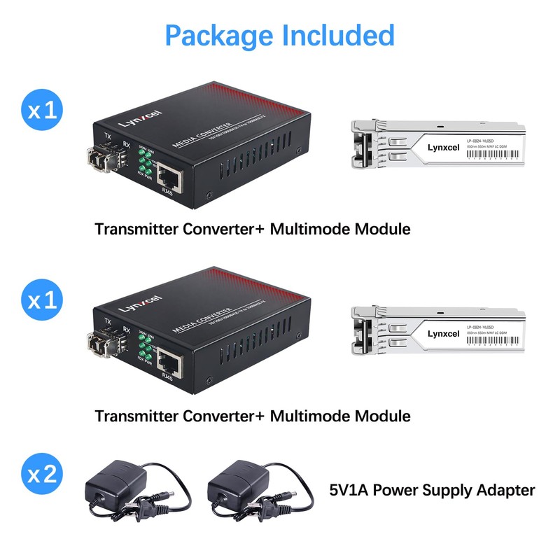 Lynxcel Gigabit Multi Mode Fiber Media Converter, 10/100/1000Base-TX to 1000Base-SX