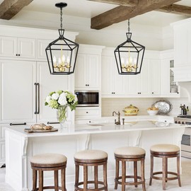 Untrammelife 4-Light Black and Gold Brushed Brass Kitchen Pendant Light Modern Geometric Chandelier Adjustable Chain Cage Hanging Fixture for Foyer Dining Room