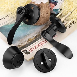 Probrico 2 Pack Black Door Lever and Single Cylinder Deadbolt Set, Keyed Alike Front Entry Door Handle Set with Lock and Key, Wave Door Lock Set with Deadbolt for Exterior and Interior Door