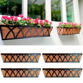 LaLaGreen Wall Planters (4 Pack, 36 Inch) Black Metal Rectangular Hanging Flower Box Window Boxes Planters with Coco Liner Rustic Flower Basket Plant Holder Deck Rail Railing Patio Large Balcony Fence