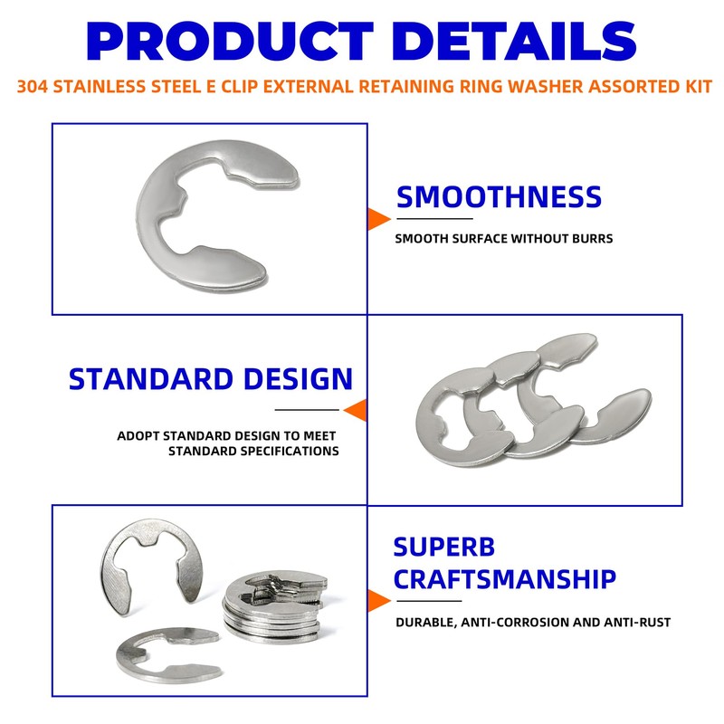 NexSync 200-Piece Metric E-Clips Assortment Kit,304 Stainless Steel External Retaining