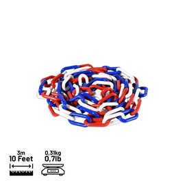 FlexiLink Plastic Chain. Eye-Catching Colors. 2” Link Dia, 10 Ft Length for Safety barriers, Crowd Management, Event Safety, Decoration, Queue Lines. UV Resistant, Waterproof, Red White Blue, 10 Feet