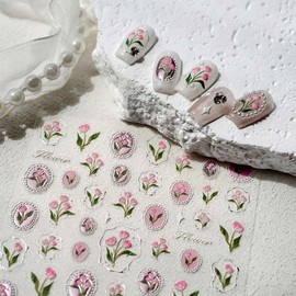 1Pcs Tulip Nail Art Stickers 5D Embossed Flower Nails Decals Silver Hot Stamping Irregular Geometric Frames Design Pink Flower Nail Stickers Self Adhesive Floral Nails Supplies for Women Manicure