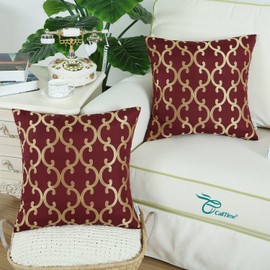 CaliTime Pack of 2 Throw Pillow Covers Cases for Couch Sofa Home Decoration Modern Quatrefoil Geometric Trellis Chain 18 X 18 Inches Burgundy/Gold