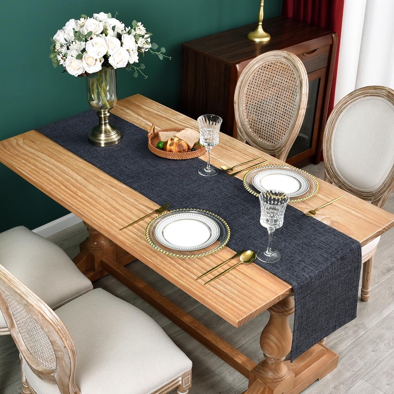 Reversible Double Layer Table Runner Faux Linen Fabric Charcoal Table