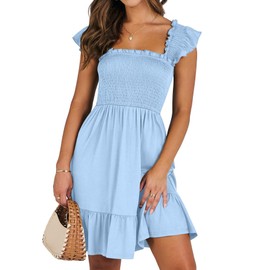 IFFEI Mommy and Me Matching Dresses Womens Smocked Ruffle Sleeve Mini Dress Vacation Beach Family Matching Outfits Sky Blue 3-6M