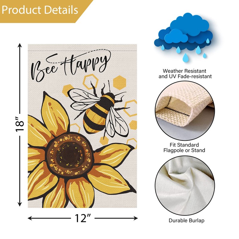 Louise Maelys Bee Happy Garden Flag 12x18 Double Sided Vertical,