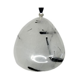 KRIO 1 x Turmalinquarz Scheibenstein IOV250321 Therapiestein als Anhänger mit Silberöse - Größe L Steinlänge 40mm, Dicke ca 10mm (Turmalinquarz 6)