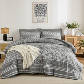 Yiran Boho California King Comforter, Grey Aztec Comforter Bedding Set, 7 Piece Bed in a Bag, Soft Microfiber Bohemian Striped Complete Bedding Set with Sheets for All Season