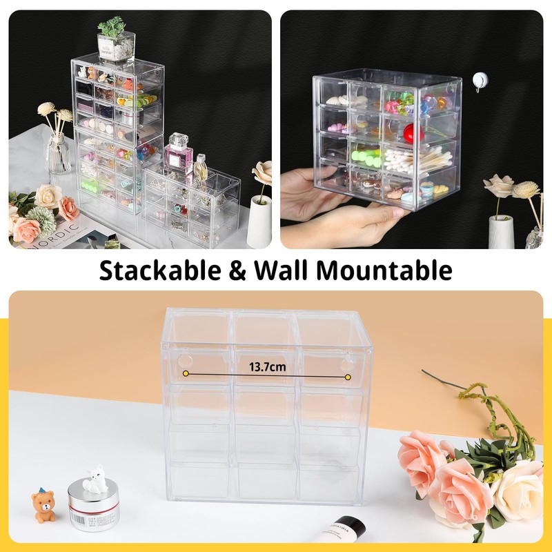 SUPAWAY Mini Transparent Drawer Organizer Small Drawers Stackable Storage Box