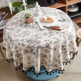 Round Tablecloth Blue/Black - Round Table Cloth, Blue or Black Floral Pastoral Table Cloth Cotton Linen Vintage, 150cm Round Tablecloth, Indoor Outdoor Table Cloth Round for Party,Picnic,Dining,Garden