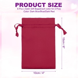 PATIKIL Satin Gift Bags, 6 Pcs 6 x 4 Inch Wedding Favor Drawstring Bags with Drawstring for Birthday Christmas Jewelry Party, Dark Blue/Blue/Dark Red