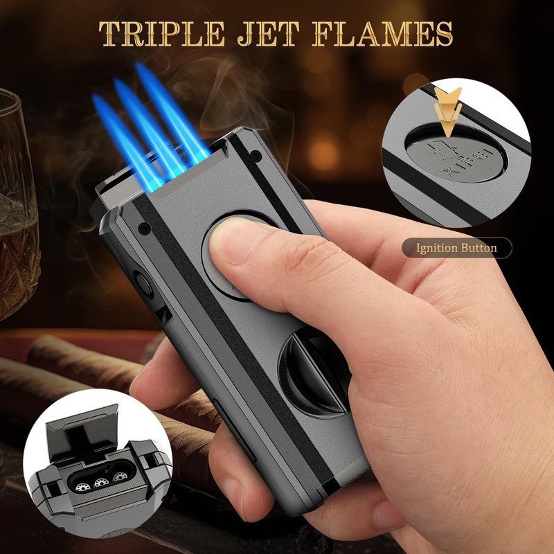 XIFEI 5-in-1 Cigar Lighter with Triple Jet Flame, Refillable Butane