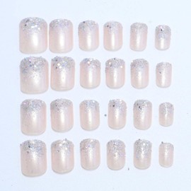 YoYoee Press on Nails -Short Nude Fake Nails Square False Nails Bling Galaxy Nails Tips for Women and Girls 24Pcs