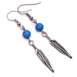 Long Feather Charm Earrings with Round Synthetic Turquoise Stone Beads : 55mm