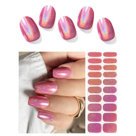AutyaMee Semi Cured Gel Nail Strips (N Laser Pink), Holographic, 20 Pcs Gel Nail Wraps, Stickers, UV Light Required, Salon Quality, Long Lasting