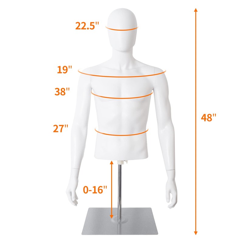 SHAREWIN Male Mannequin with Metal Stand Adjustable Plastic Half Body