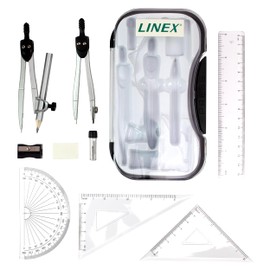 Linex Maths Geometry Set with Transparent Case – Black 10-Piece Exam Kit Featuring Compass, Protractor, Ruler, Set Squares & Eraser