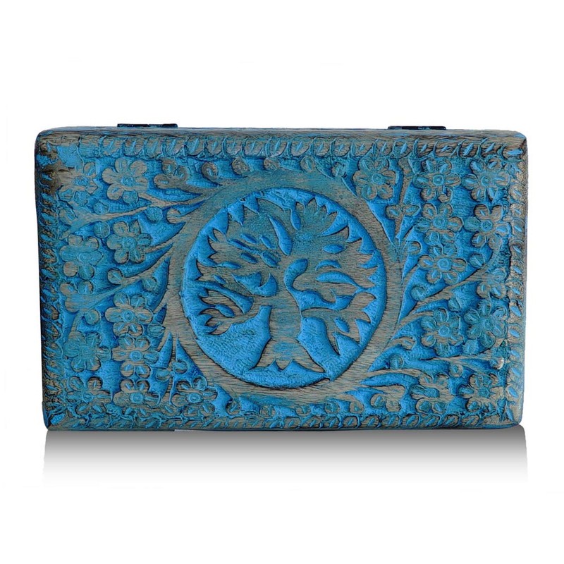 BHAVATU Handmade Blue Mango Wood Jewellery Box with Engraving Tree
