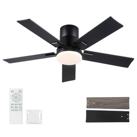 42 Inch Ceiling Fans with Lights and Remote,Flush Mount Black Ceiling Fan with 5 Blades,6 Speed Reversible DC Motor,3CCT Dimmable LED-Low Profile Design for Bedroom, Living room & Covered Outdoor