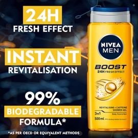 NIVEA Men Boost Duş Jeli 500 ml, 3'ü 1 Arada Komple Bakım, Vücut, Saç ve Yüz için, Kafein ile Canlandırıcı Bakım
