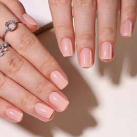 Hrnsnails Nude Press On Nails, Short Square Press On Nails,Glue On Nails Short Fake Nails with Glossy Designs, Nails Press Ons Reusable Soft Gel False Nails,Artificial Nails Stick On Nails for Women