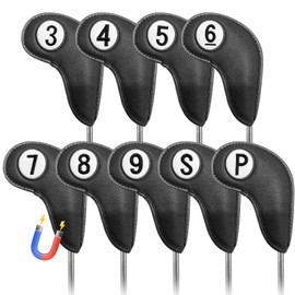LT-012 Golf Iron Covers, Magnetic Closure, Double Sided Number Embroidered, 9 Sheets/11 Piece Set, Short/Long Type, Golf Head Covers, Wedge Cover, Premium PU Leather, Lightweight, Durable, Water Repellent, Dustproof, Abrasion Resistant, Ultimate Head Protection Cover