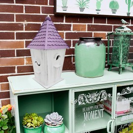 Veclotch Wood Birdhouse for Outside Bird Nesting Box,Decorative Bird House Cottage for Yard Garden Outdoor 4 Holes Free Standing Bird House for Bluebird Cardinal Finch House Wren Chickadee, Purple