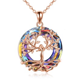 Tree of Life Necklace, 925 Sterling Silver Goddess Tree Pendant with Austrian Crystal, AOBOCO Jewellery Gifts for Women, Silver, Rose-Gold